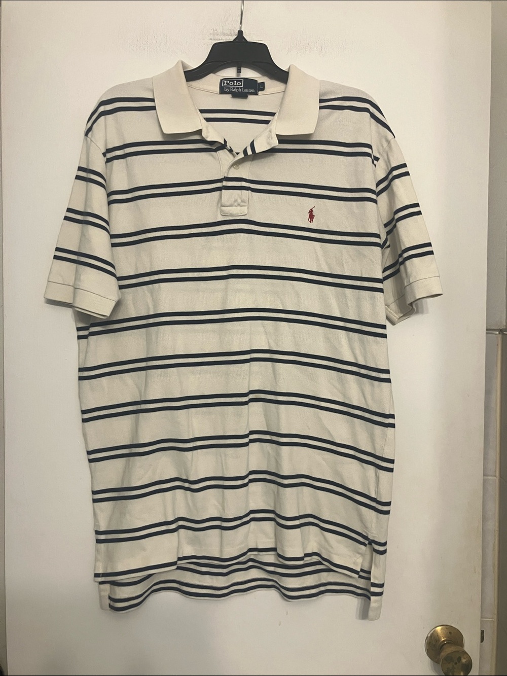 vintage Polo Ralph Lauren white+ blue horizontal stripes and horse logo Large